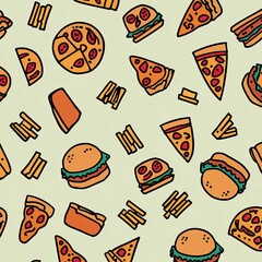 Food pattern burgers, fries, & pizza on pale green background