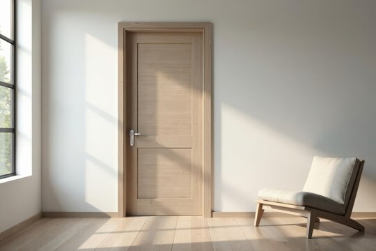 Light streams through a window illuminating a minimalist room featuring a light wood door and a simple chair.