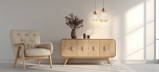 Cozy interior featuring beige armchair, wooden sideboard, and hanging lamps