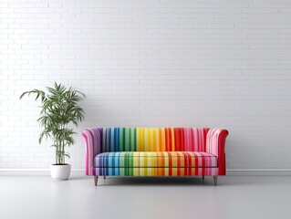 Rainbow striped sofa, green plant, white brick wall, and minimal floor