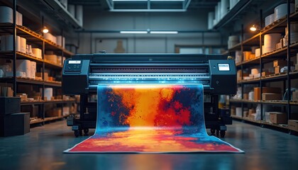 Industrial inkjet printer creates vibrant large format print on paper. Machine operates in warehouse with shelves stocked with supplies. High quality commercial output production process.