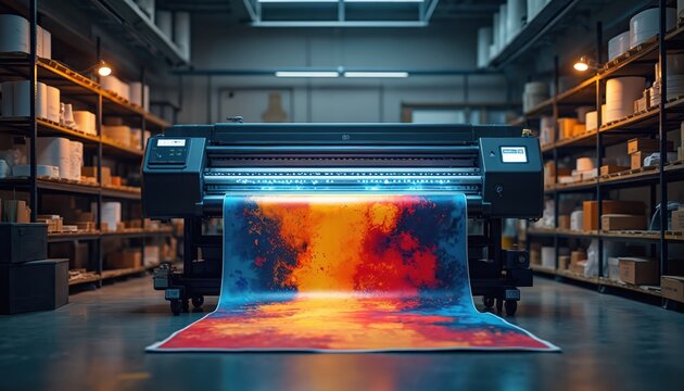Industrial inkjet printer creates vibrant large format print on paper. Machine operates in warehouse with shelves stocked with supplies. High quality commercial output production process.