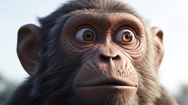 highly realistic 3d monkey animation close up portrait shocked facial expression large expressive eyes lifted eyebrows open mouth reaction fine fur detail with natural motion realistic skin detail aro