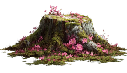 a tree stump covered in moss and pink flowers, against a white background, in a cutout style, with a fantasy aesthetic, photorealistic and hyper-realistic, in high resolution and with super-detailed r