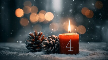 A red candle with the number four on it, along with a pinecone, sit on a surface with faux snow, with bokeh and simulated snowfall in the background