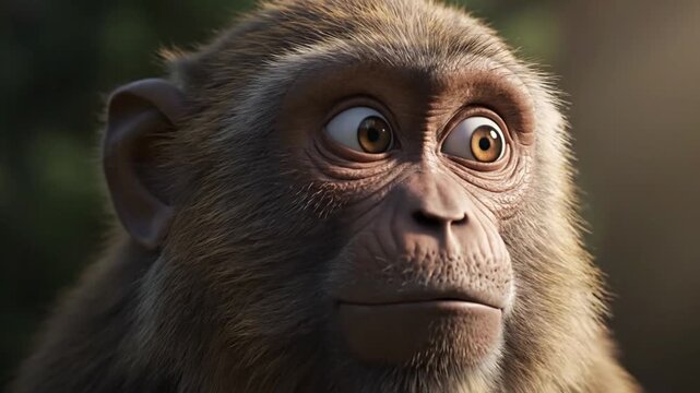realistic 3d animated monkey face close up dramatic surprised emotion wide eyes raised brows mouth slightly open detailed fur strands realistic skin texture subtle facial muscle movement gentle breath