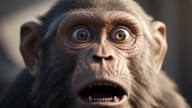 ultra detailed 3d monkey facial animation close up headshot expressive shock reaction open eyes lifted eyebrows mouth parted fine realistic fur motion natural skin around eyes nose subtle breathing mi