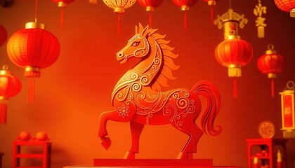 Luxury Golden Horse Statue with Fire Mane on Jade Base