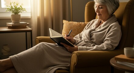 Fototapeta premium Elderly Woman Writing in Journal in Cozy Armchair