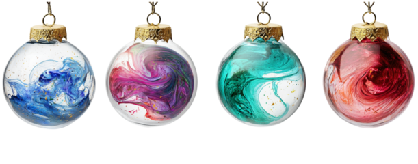 6 different glass christmas ornaments with liquid swirling inside, isolated on a white background, high-resolution photography. 