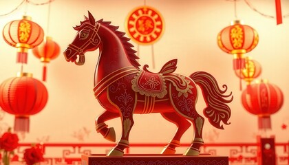 Luxury Golden Horse Statue with Fire Mane on Jade Base