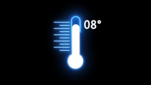 Neon Medical thermometer icon animation. Digital Temperature Meter Display 08&deg;C. Thats indicates weather temperature 08 degree increse or decline. Thermometer equipment showing hot or cold weather.