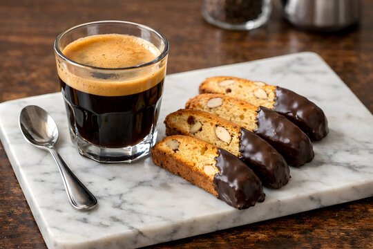 Espresso and Biscotti - A cup of espresso with chocolate-dipped biscotti on the side.