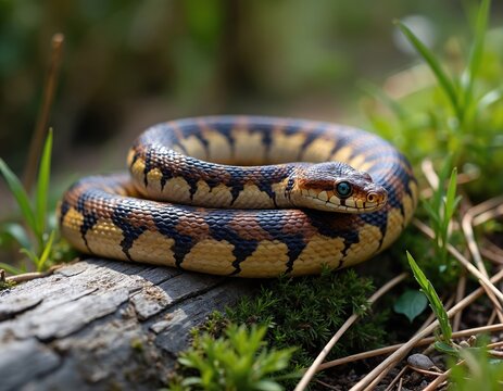 Detailed closeup of coiled european adder snake resting on mossy log. Reptile has striking patterned scales and bright blue eyes. Natural habitat with blurred green grass background.
