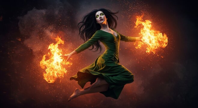 Woman in Green Dress Levitating with Fiery Magic