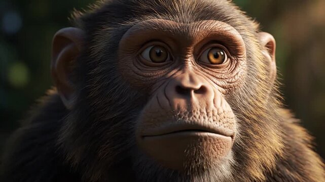 ultra realistic monkey 3d animation close up portrait face showing surprise emotion wide open eyes lifted brows natural mouth opening detailed fur strands realistic skin texture micro facial motion su