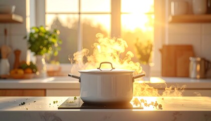 Steaming pot on a kitchen counter with bright natural light shining