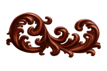 Chocolate baroque ornament creating a flowing decorative scroll or confectionery swirl element on transparent background