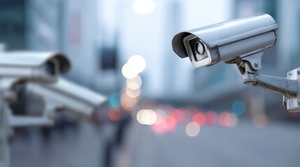 Security cameras are prominently displayed, focused and blurred. In the background a busy street with lights and buildings