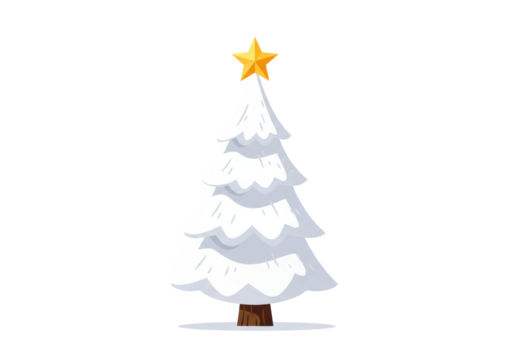 A stylized white christmas tree with a brown trunk and a bright yellow star, against a transparent background with copy space, modern holiday elegance concept. - Powered by Adobe