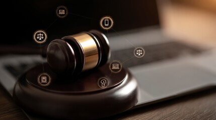 Close-up of gavel on a laptop, augmented with digital icons relating to law and justice, set on wood