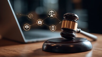 Close-up of gavel on a wooden desk, with a laptop in the background. Digital icons of different elements float above