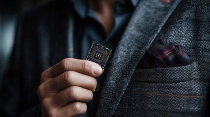 Man Holding Advanced Ai Chip, Showing Technology Innovation, Future Computing Concept, Digital Transformation