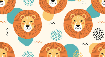 Playful seamless pattern featuring cute lion heads and colorful geometric shapes suitable for children room decor, wallpaper, and textile prints.