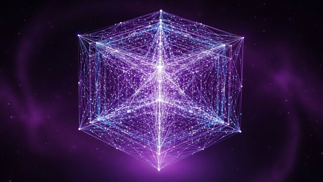 Abstract glowing data cube with intricate network connections and geometric patterns in a vibrant purple digital space, symbolizing global networks. - Powered by Adobe
