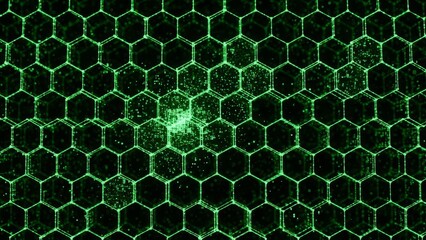 Abstract glowing green hexagonal grid pattern with intricate digital particles, representing interconnected data, futuristic technology, network infrastructure, and secure information flow.