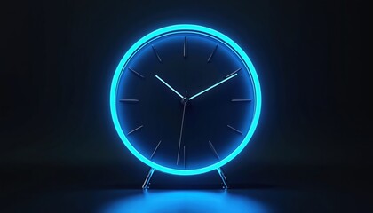 Blue neon clock glows brightly in dark room. Modern timekeeping device shows hours minutes seconds. Round face reflects electric light, symbolizes future tech.