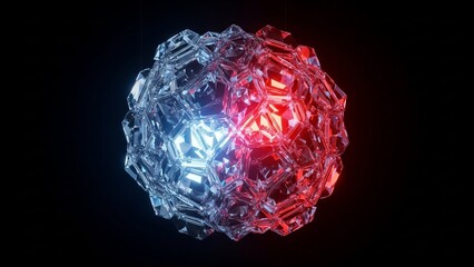 Abstract geometric crystal sphere glowing with contrasting blue and red light, showcasing a futuristic visual of modern energy, technology, and innovation.