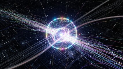 Radiant quantum data sphere emitting intricate colorful light streams across a futuristic digital network, symbolizing advanced ai, global connectivity, and big data processing.