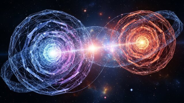 Abstract digital network spheres with glowing energy beam. futuristic connection concept for quantum technology, ai, and global data transfer. - Powered by Adobe