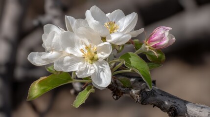 Obraz premium Delicate white blossoms and a budding pink flower bloom on an apple tree branch during a bright spring day, showcasing nature's artistry. Each petal glistens under warm sunlight