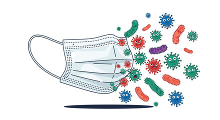 Protective medical face mask effectively blocking various colorful virus and bacteria characters to demonstrate safety and illness prevention.