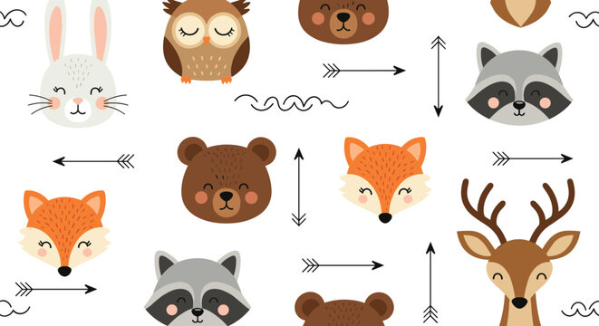Modern seamless pattern with cute forest animal faces like bears, foxes, and owls along with arrows for a woodland nursery theme.