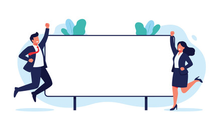 Joyful businessman and businesswoman in suits jumping with excitement next to a large blank whiteboard for an announcement or success.