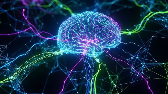 Vibrant Digital Brain with Neural Network Connections Representing AI and Technology. - Powered by Adobe