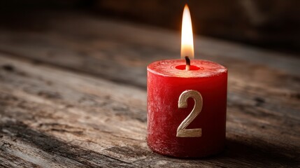 A close-up shows a burning red candle with the number two, set against a weathered wooden surface, providing a warm, inviting feel
