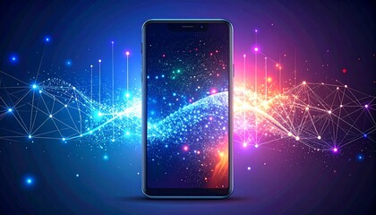Futuristic Smartphone Displaying Digital Network Connections and Data Flow.