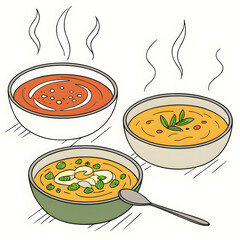 variety of delicious cream soups in bowls on white