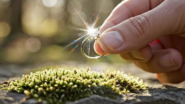 Radiant Diamond Engagement Ring on Mossy Stone, Close Up, Date