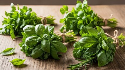Fresh Basil Leaves on Wooden Table.