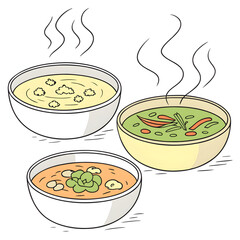 variety of delicious cream soups in bowls on white