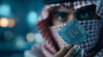 Arab Man Holding Microchip, Technology Innovation, Future Computing