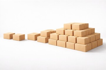 Gradual growth of identical cardboard boxes forming a structured pyramid on a white background with soft light and space for text, concept of scalable logistics and controlled expansion