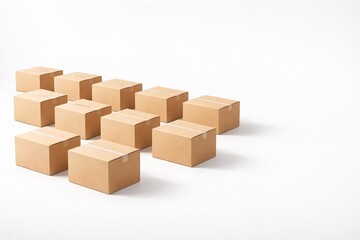 Fototapeta premium Perfectly arranged cardboard boxes in a clean 3x4 grid on a white background with soft light and copy space, concept of organized logistics process and inventory control