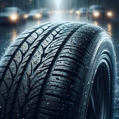 Closeup view of large wet tyre