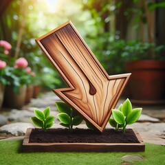 wooden downwards arrow for growing business isolated in garden